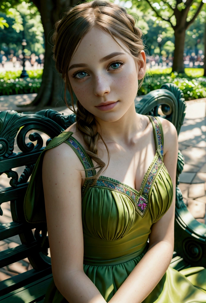 a photorealistic portrait of Emma, 1 girl sitting on a park bench, extremely detailed face and eyes, long eyelashes, intricate details, detailed park environment, lush foliage, ornate stone bench, warm lighting, soft focus, realistic shadows, vibrant colors, cinematic composition, masterpiece, 8k, photorealistic