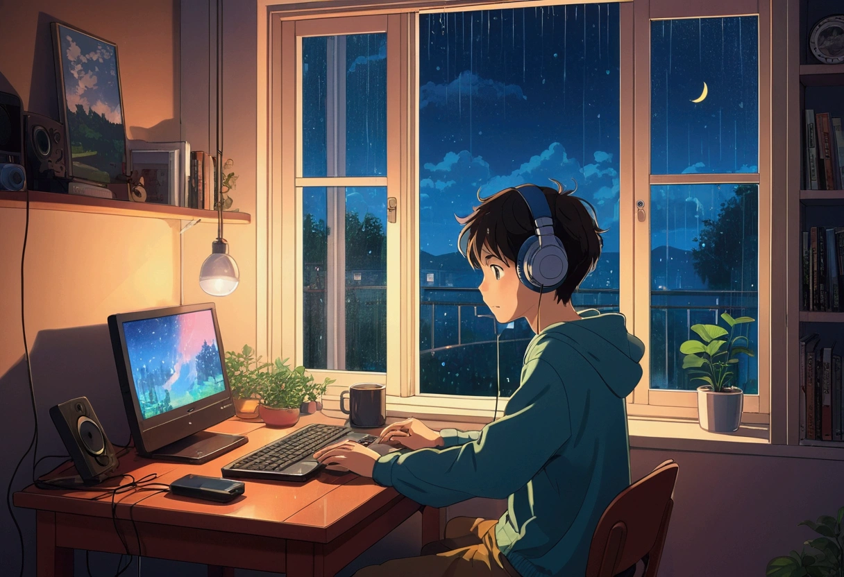 Boy listening to music in a cozy room at night, use headphones, 2D style anime, rain outside the window、analog color theme、Ghibli style、