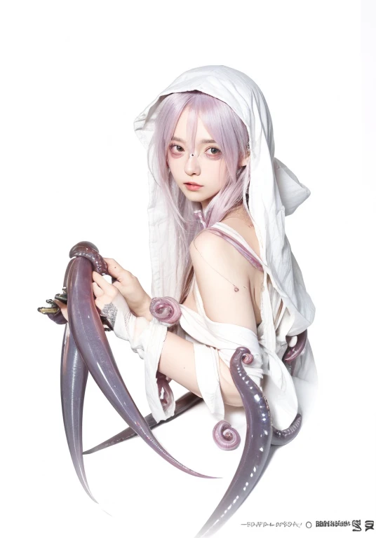 gapmoe, grimdark,guro, Yokoo, Yandere, anime ghost girl, Naked girl with bandages, Wrong posture, Uneiyinaba,Arthropods,White long hair,Burgundy eyes,Mechanical Tentacles,curious