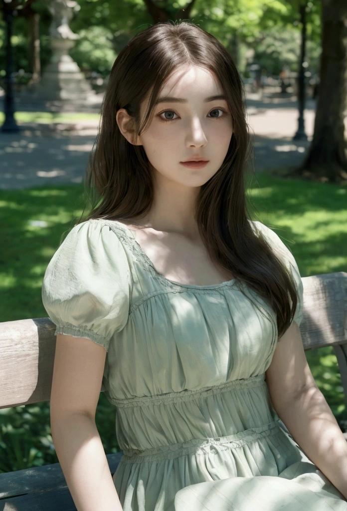 a photorealistic portrait of Emma, 1 girl sitting on a park bench, extremely detailed face and eyes, long eyelashes, intricate details, detailed park environment, lush foliage, ornate stone bench, warm lighting, soft focus, realistic shadows, vibrant colors, cinematic composition, masterpiece, 8k, photorealistic