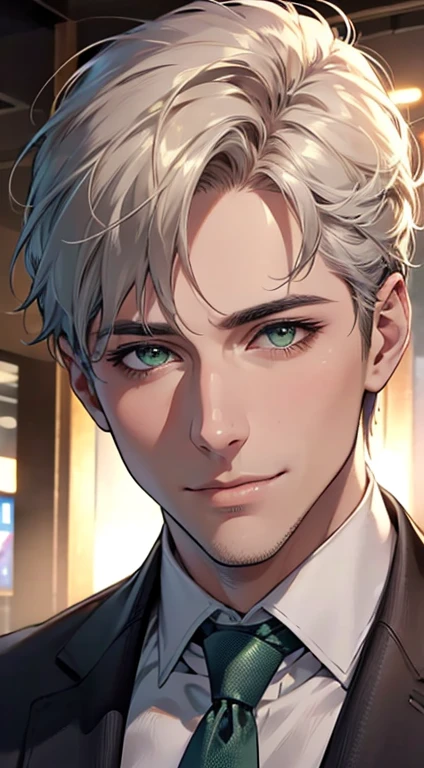 (Highest quality,4K,8K,High resolution,masterpiece:1.2),Super detailed,(Realistic,photoRealistic,photo-Realistic:1.37),1 person,34 years old,Mature Men,Beautiful skin、very handsome,Expressionless smile in love,Short white hair,green eyes,Sharp Eyes,A perfect face without a doubt,Businessman, CEO, Office Background,Cinema Lighting,HDR image,tie、