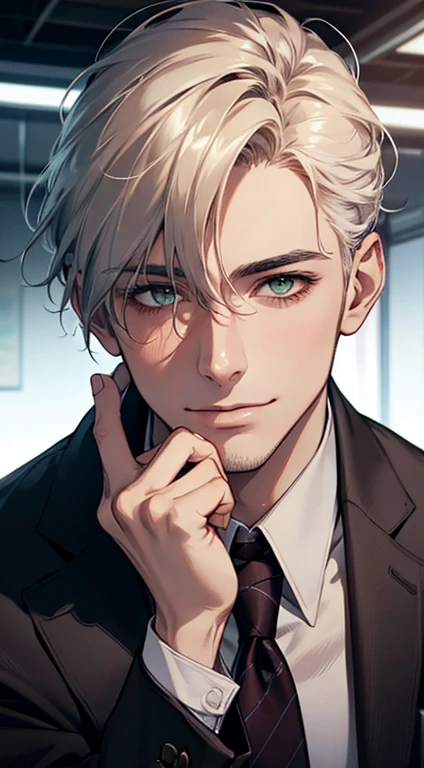(Highest quality,4K,8K,High resolution,masterpiece:1.2),Super detailed,(Realistic,photoRealistic,photo-Realistic:1.37),1 person,34 years old, Men,Beautiful skin、very handsome,Expressionless smile in love,Short white hair,green eyes,Sharp Eyes,A perfect face without a doubt,Businessman, CEO, Office Background,Cinema Lighting,HDR image,tie、