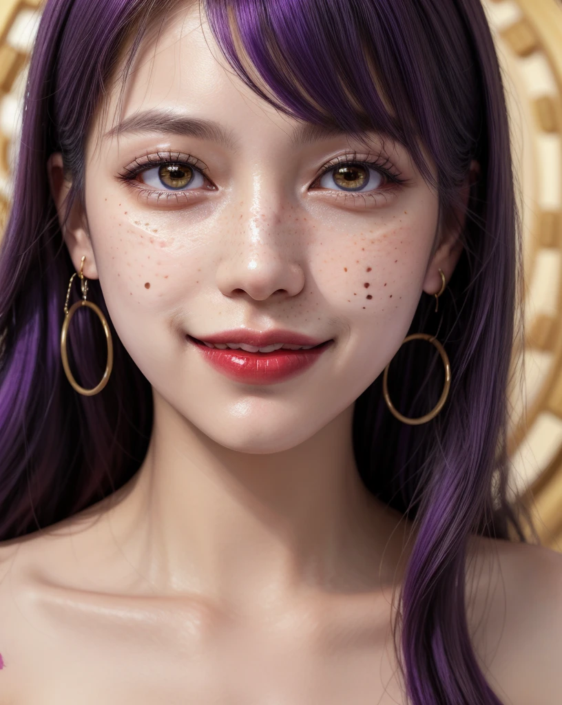 1 Girl, 19 years old, south korean, 4k, masterpiece, realistic, long whavy black hair with bangs, purple inner color hair, shining purple pupils, shining red lips, red eyeliners, golden hoop earings, naked, freckles, big smug smile, closed mouth, bright colors, blurry background, portrait, face focus.