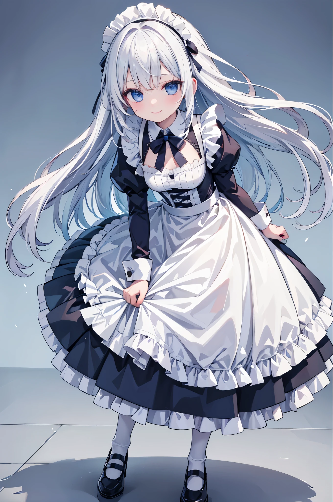 high resolution,smile,woman,woman1人,adult,cute, White Hair,BREAK, Light blue eyes,BREAK,
Maid clothes,BREAK,Facing forward,BREAK,Light blue background,