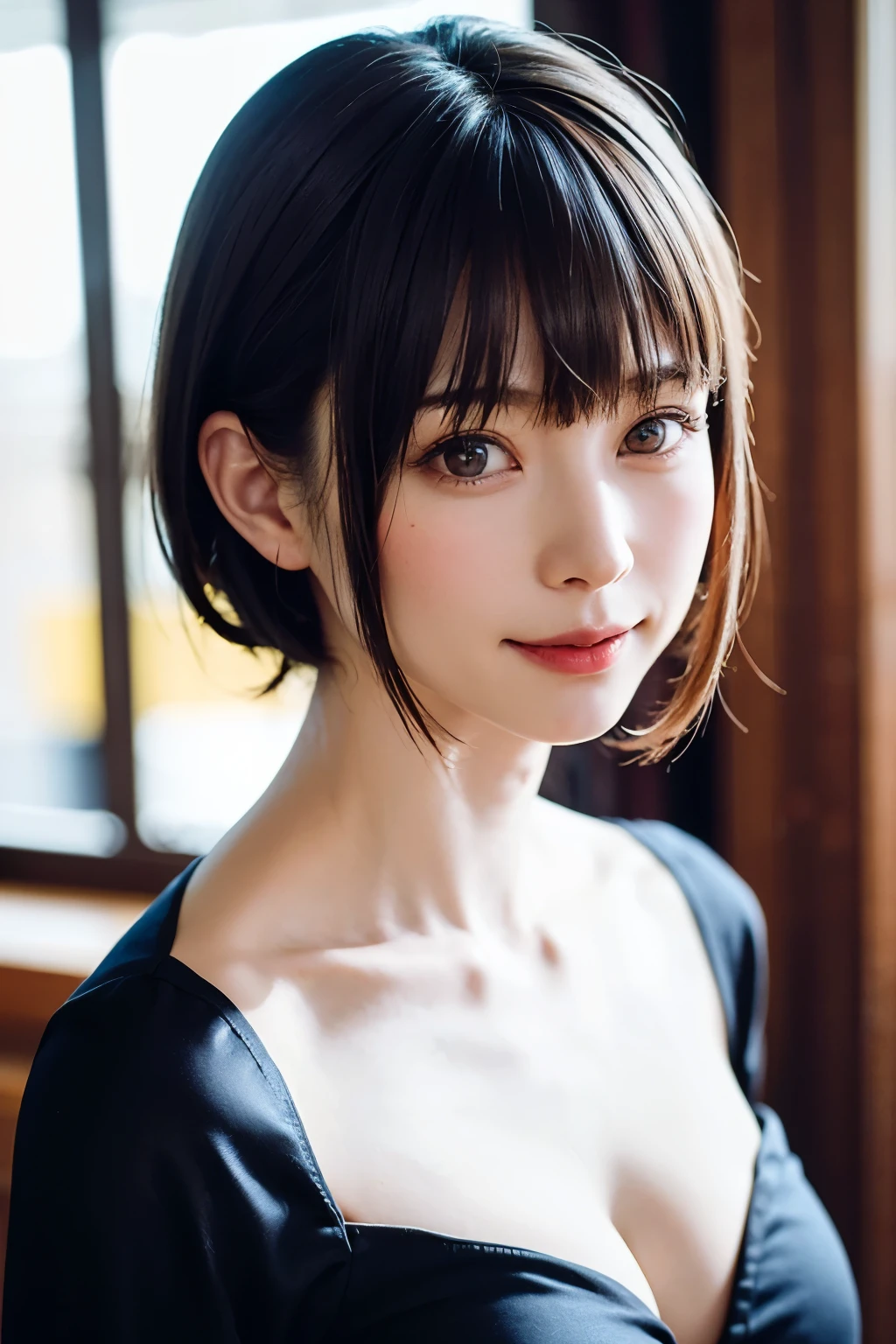 (masterpiece, Highest quality),One Girl, alone, hyper Realistic, Realistic,Realistic, Looking at the audience, Light brown eyes:1.4,Brunette Short Bob Hair with highly detailed shiny hair, Brightly colored winter clothes, Lepangas:1.4), Plein Air, Mouth closed, Upper Body、big chest eye、eyelash、{Hugeな|big chest|Hugeなな|Mega} chest:2, chestの谷間:2、{Huge|big|Hugeな|Mega} chest:2, chestの谷間:2、(((big chest eye、Short Bob Hair、Glossy Skin、Shiny hair、Student Highlights、Gazing at the audience、She is very beautiful and cute、Listen carefully、Long neck、smile、Close your mouth and smile、bangsと美しい歯、bangs、Perfect Anatomy)))、Ideal body type、（Snowy tree-lined road in winter in Norway, Out of focus background）、美しいLong neck:1.4、Very attractive, beautiful and cute woman