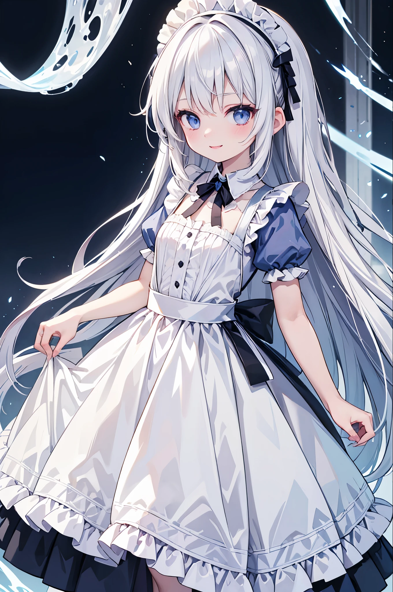 high resolution,smile,woman,woman1人,adult,cute, White Hair,BREAK, Light blue eyes,BREAK,
Maid clothes,BREAK,Facing forward,BREAK,Light blue background,