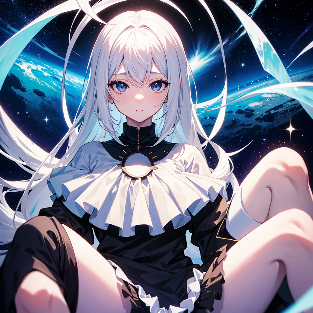 Anime girl, sitting over structure, black eyes, lost expression, cosmic look, white costume, short white hair, looking at camera, black hole on background consuming everything