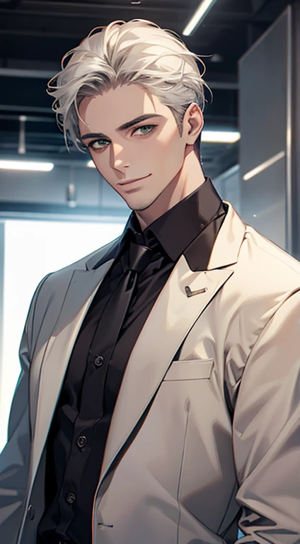 (Highest quality,4K,8K,High resolution,masterpiece:1.2),Super detailed,(Realistic,photoRealistic,photo-Realistic:1.37),1 person,34 years old,Mature Men,Beautiful skin、very handsome,Expressionless smile in love,Short white hair,green eyes,Sharp Eyes,A perfect face without a doubt,Businessman, CEO, Office Background,Cinema Lighting,HDR image,tie、