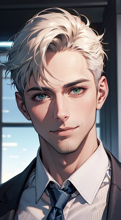 (Highest quality,4K,8K,High resolution,masterpiece:1.2),Super detailed,(Realistic,photoRealistic,photo-Realistic:1.37),1 person,34 years old,Mature Men,Beautiful skin、very handsome,Expressionless smile in love,Short white hair,green eyes,Sharp Eyes,A perfect face without a doubt,Businessman, CEO, Office Background,Cinema Lighting,HDR image,tie、