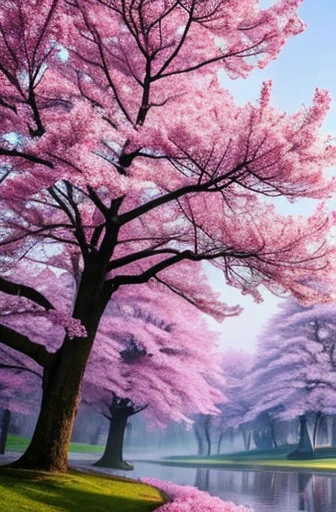 there is a tree with pink flowers in the foggy area, extremely beautiful and ethereal, spring early morning, misty garden, incredibly ethereal, cherry blossom forest, cherry blossom, cherry blossoms, flowers and trees, detailed trees in bloom, cherry blossom tree, cherry tree in the background, by Xie Shichen, by Cheng Jiasui, very ethereal, beautiful!!!!!!!!!