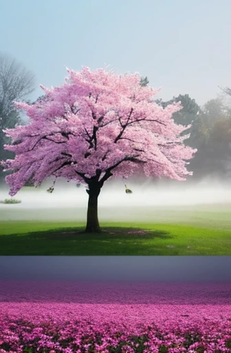there is a tree with pink flowers in the foggy area, extremely beautiful and ethereal, spring early morning, misty garden, incredibly ethereal, cherry blossom forest, cherry blossom, cherry blossoms, flowers and trees, detailed trees in bloom, cherry blossom tree, cherry tree in the background, by Xie Shichen, by Cheng Jiasui, very ethereal, beautiful!!!!!!!!!