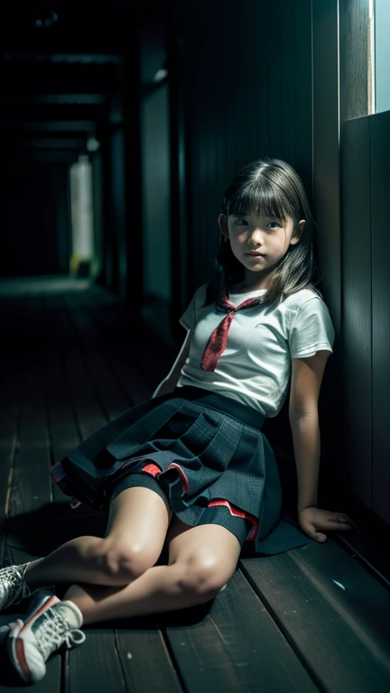 (((-yeld gi)), (((full-body))), (((dark cabin at night))), (((tired girl lying on bed on back with legs spread))), (((trainers and super mini skirt))), Japanese, cute, dark hair, bobbed hair, (((dim lamp lighting))), terrified face , anxious expression, (((horror movie scene))), movie masterpiece, high resolution, detailed drawing, award-winning, highest resolution, realistic, raw photo, 8K wallpaper