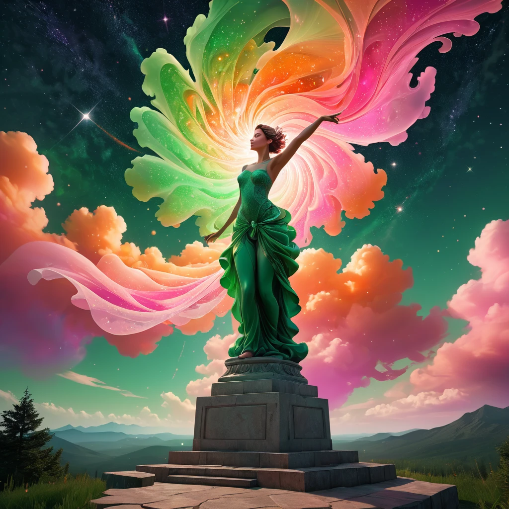 a breathtaking glossy sparkling swirl column resambling a fantastic very long lacy fabric, the subject is bursting vith vibrant gradient explosion in the sky in pink, orange and green colors forming a cloud image resambling a perfect hand doing the sign ok, semitransparent, voronoi style, starry nightscape, perfect anatomy, abstract and visually striking composition. the colors should blend, conveying a sense of movement and energy, unreal engine, hdr, 8k, final render