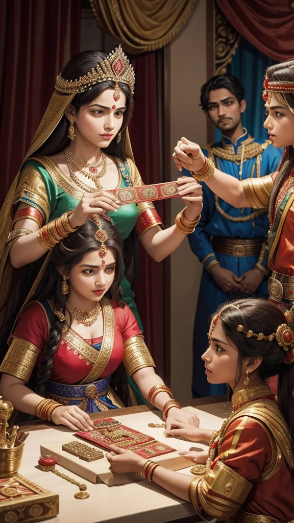 A historical scene showcasing queens sending Rakhis to neighboring rulers, with warriors and courtiers present, signifying the tradition of protection and unity.