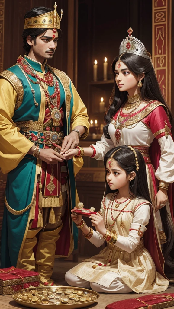 A historical scene showcasing queens sending Rakhis to neighboring rulers, with warriors and courtiers present, signifying the tradition of protection and unity.

