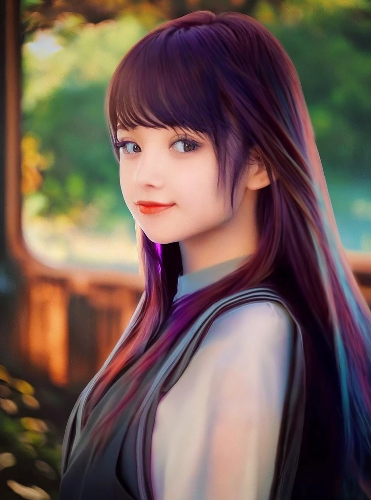 there is a beautiful girl taking a photo while looking at the view and please change her hair color to black and beautiful girl high and cute girl and from shining nikki