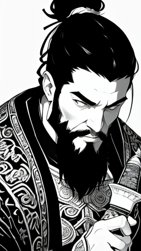 (((集中線のMonochromeイラスト)))、(((Monochrome)))、,Oriental、Men in ancient Chinese costumes、(ancient chinese hairstyle male)、As seen in the Romance of the Three Kingdoms々military commander、(Highest quality、masterpiece、Ultra-high resolution)、(Long beard)、(Embroidered cloth wrapped around a topknot) ,(White Armor, metal dragon head on the shoulder, Holding a sword,(long heavy black beard):1.2), (White Armor with intricate pattern:1.2), gloves, Long trousers, (Very detailed, bloom:1.5), (Highest quality, Concept Art, 4K), (analog:1.2), (high sharpness), (Detailed pupil:1.1), (Painting:1.1), (digital Painting:1.1), Detailed face and eyes, masterpiece, Highest quality, (Very detailed写真:1.1), 8k, , (Dark Hair, Dynamic Short Hair), (Pyros Face_v1:0.2), [:(Detailed face:1.2):0.2], sharp, 