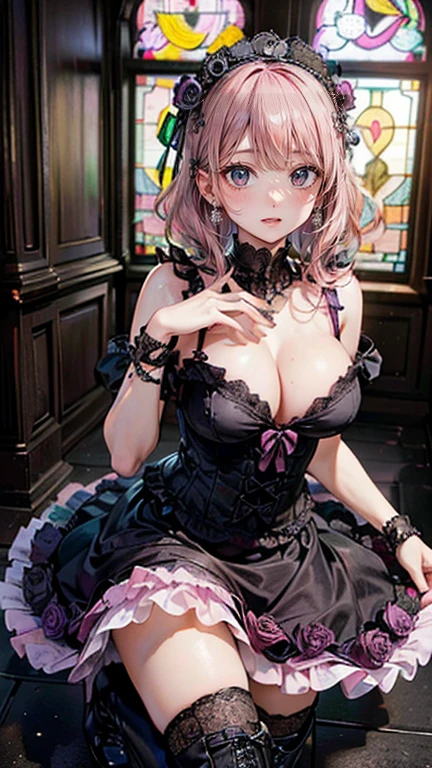 (masterpiece, Highest quality:1.3), (Super detailed:1.2), (hyperRealistic:1.3), (RAW Photos:1.2), High-definition RAW color photos, Professional photos, (PhotoRealistic:1.4), (Realistic:1.4), (Pink Hair:1.5), Professional Lighting, Perfect Anatomy, (Big Breasts:1.2), (blush, Detailed face), (Bright smile:1.5), Trending Hair&Trending Hairカラーをランダムに, Earrings, necklace, bracelet, Sexy, erotic Sexy, Random sexy gravure poses, (Beautiful cosplayer in a purple and black gothic ta dress、A mysterious smile in an old church、Black rose in hand。Lace headdress on head、She is wearing black boots。: 1.3)、Succubus