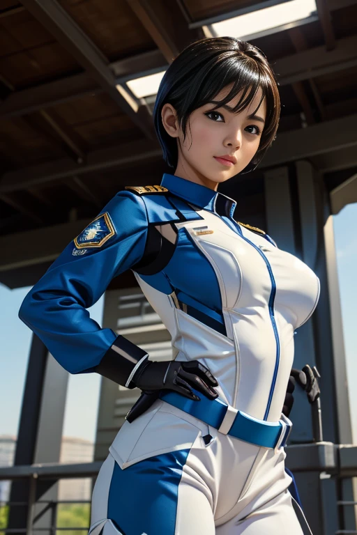 15-year-old girl、Earth Federation Operator Girl Soldier、((Shiny skin 1.5)),((Sweaty 1.3)),Black short hair、Cute like an idol、Childish face and appearance、Accurately drawn faceiniskirt Earth Federation Uniform))、White and blue uniform、(A uniform that fits your body:1.3)、Very 薄い thighs、Inside the bridge of a battleship、Low angle shot、Anatomically correct、Accurate Fingers、Accurate Rimbuster Piece、Photorealization