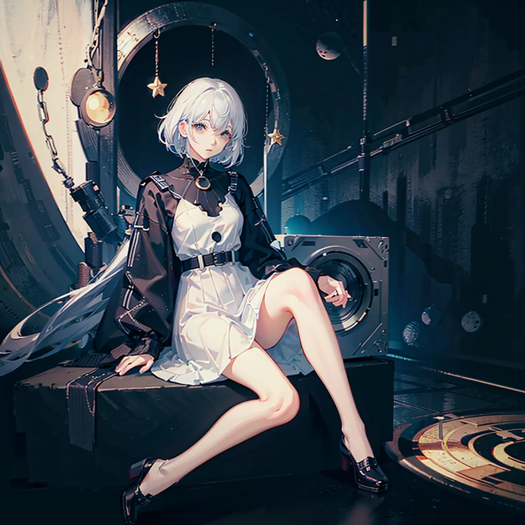 Anime girl, sitting over structure, black eyes, lost expression, cosmic look, white costume, short white hair, looking at camera, black hole on background consuming everything