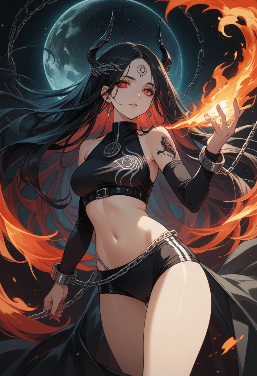 anime girl,chains,dark colors,sexy,a mystic,Clear drawing деталей,Two hair colors Red-Green,Dark and Captivating,Clear drawing Тела,One hand with a dragon tattoo,tight underwear,Black Nebula,And magic with fire,ultra detail,bright colors,Clear drawing,long hair,Beautiful make-up,8k Drawing