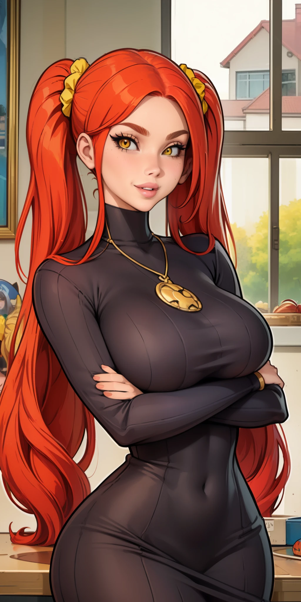 masterpiece, best quality, 1girl, solo, red hair, twintails, very long hair, yellow eyes, turtleneck, ribbed sweater, sweater dress, upper body, parted lips, lips, mature female, curvy, hair scrunchie, huge breasts, looking at viewer, crossed arms, house, sexy smile