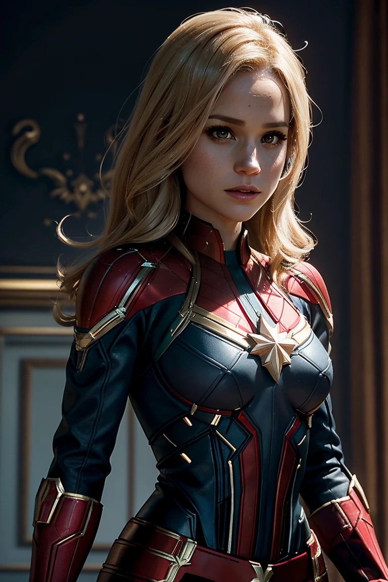 Meghan Markle, wearing Captain Marvel costume sexy, removing costume, visible breasts, visible nipples. professionally retouched, soft lighting, realistic, smooth face, perfect eyes, sharp focus on eyes, 8 k, high definition, insanely detailed, intricate, elegant. in a natural background.
