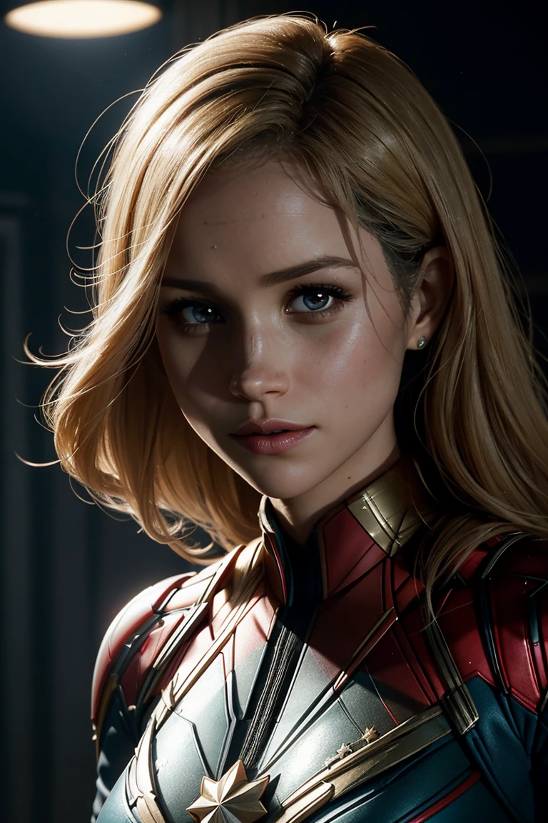 Meghan Markle, wearing Captain Marvel costume sexy, removing costume, visible breasts, visible nipples. professionally retouched, soft lighting, realistic, smooth face, perfect eyes, sharp focus on eyes, 8 k, high definition, insanely detailed, intricate, elegant. in a natural background.