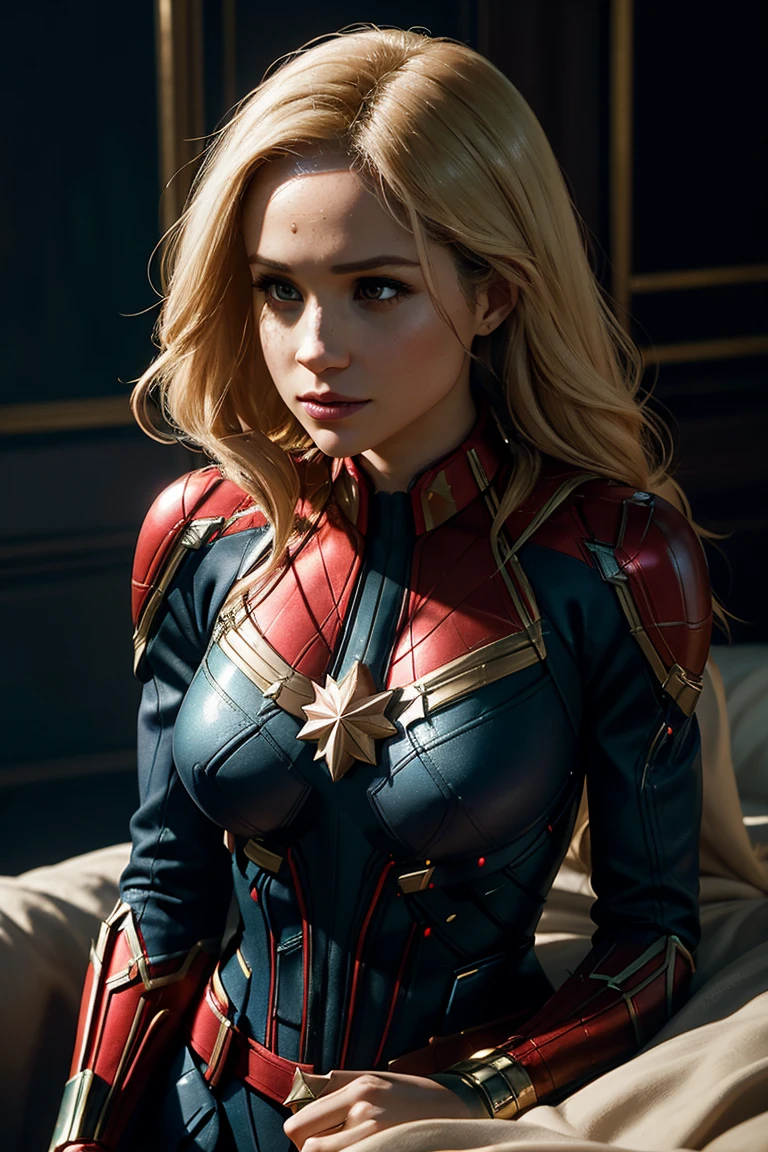 Meghan Markle, wearing Captain Marvel costume sexy, removing costume, visible breasts, visible nipples. professionally retouched, soft lighting, realistic, smooth face, perfect eyes, sharp focus on eyes, 8 k, high definition, insanely detailed, intricate, elegant. in a natural background.