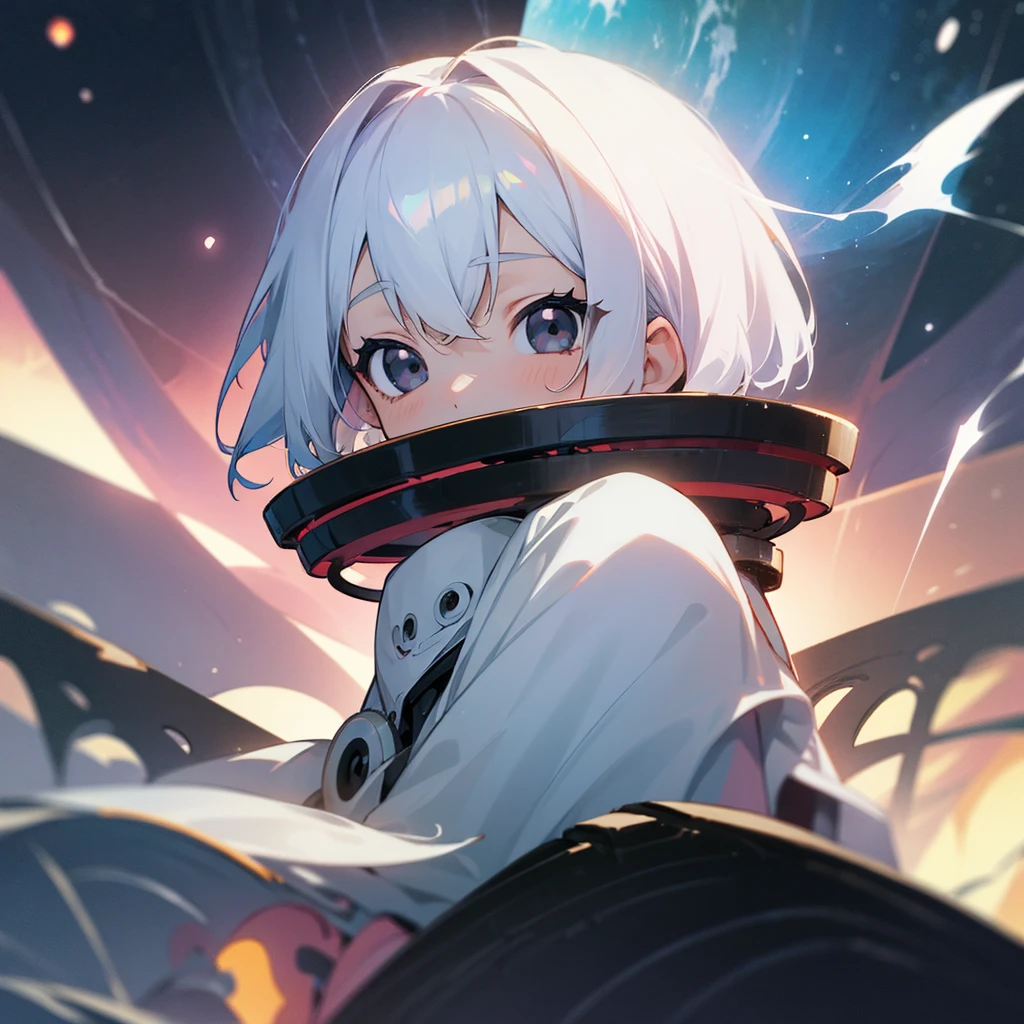 Anime girl, sitting over structure, black eyes, lost expression, cosmic look, white costume, short white hair, looking at camera, black hole on background consuming everything