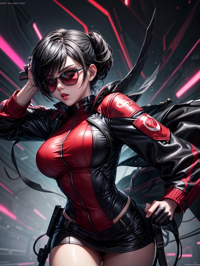 score_9, score_8_up, score_7_up, 1girl, solo, long eyelashes, ada wong, black hair, sunglasses, asian female,g0thicPXL,sinozick style,flat color, dark theme, glowing, neon
