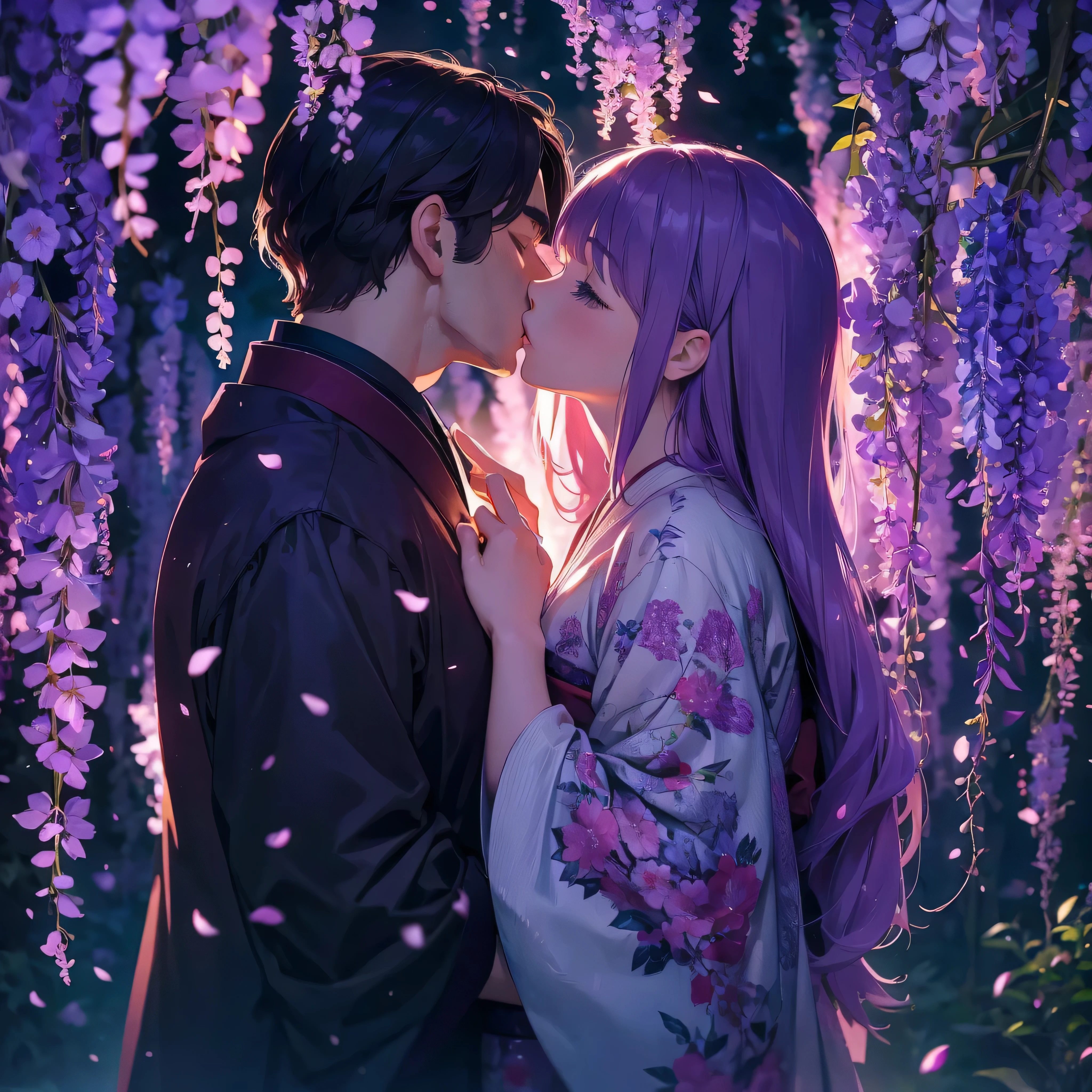 a man is kissing a woman in the wisteria forest, dark night, , (Beautifully Aesthetic:1.2),wisteria, peace, tranquility, serenity, petals, red kimono