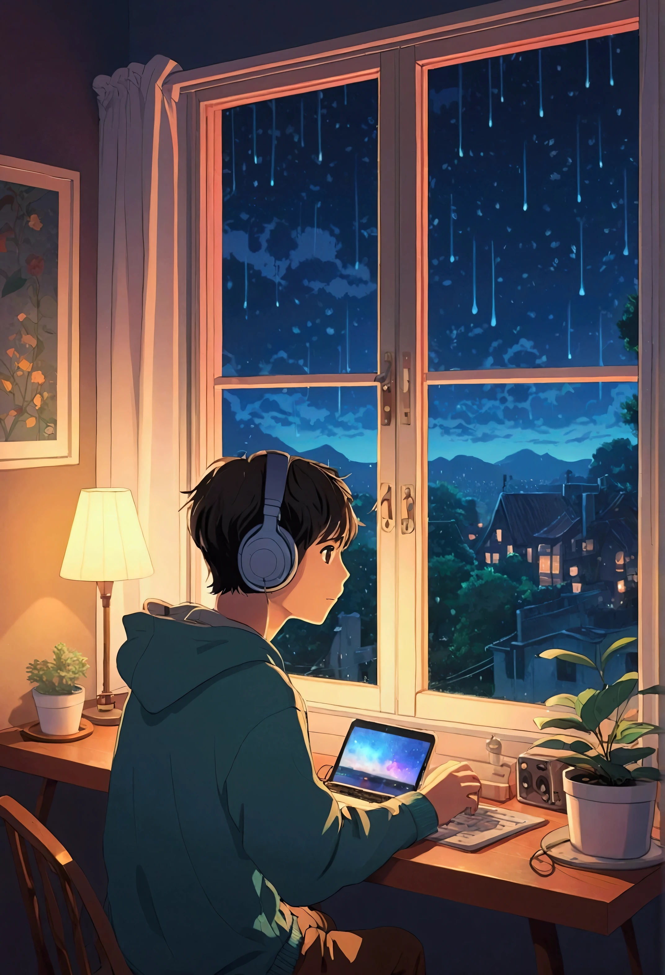 Boy listening to music in a cozy room at night, use headphones, 2D style anime, rain outside the window、analog color theme、Ghibli style、