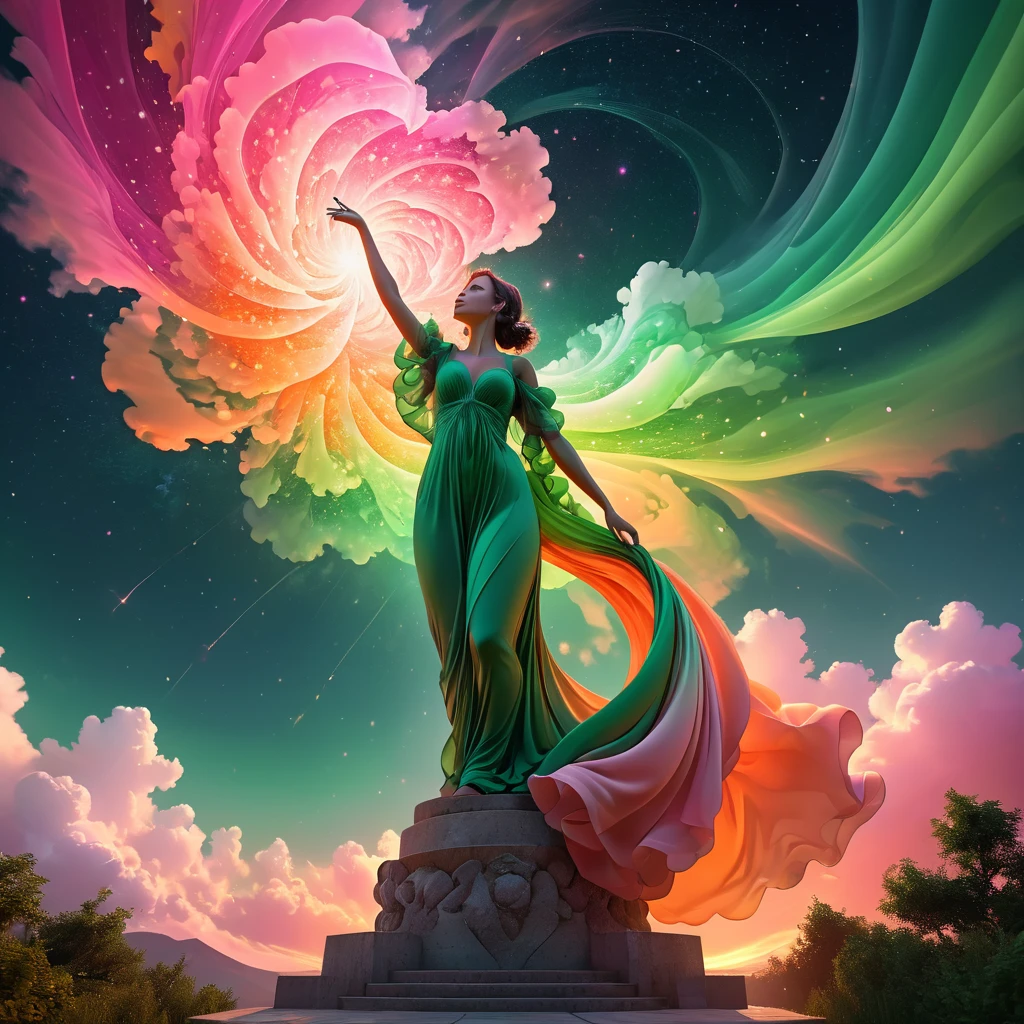 a breathtaking glossy sparkling swirl column resambling a fantastic very long lacy fabric, the subject is bursting vith vibrant gradient explosion in the sky in pink, orange and green colors forming a cloud image resambling a perfect hand doing the sign ok, semitransparent, voronoi style, starry nightscape, perfect anatomy, abstract and visually striking composition. the colors should blend, conveying a sense of movement and energy, unreal engine, hdr, 8k, final render