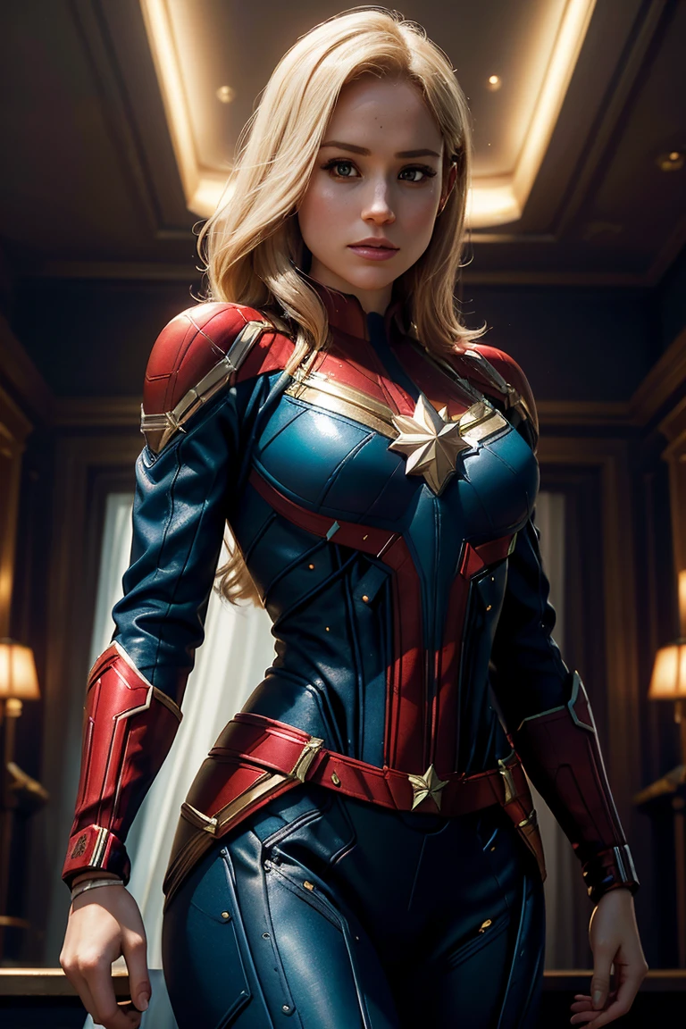 Meghan Markle, wearing Captain Marvel costume sexy clothes transparent. professionally retouched, soft lighting, realistic, smooth face, perfect eyes, sharp focus on eyes, 8 k, high definition, insanely detailed, intricate, elegant. in a natural background.