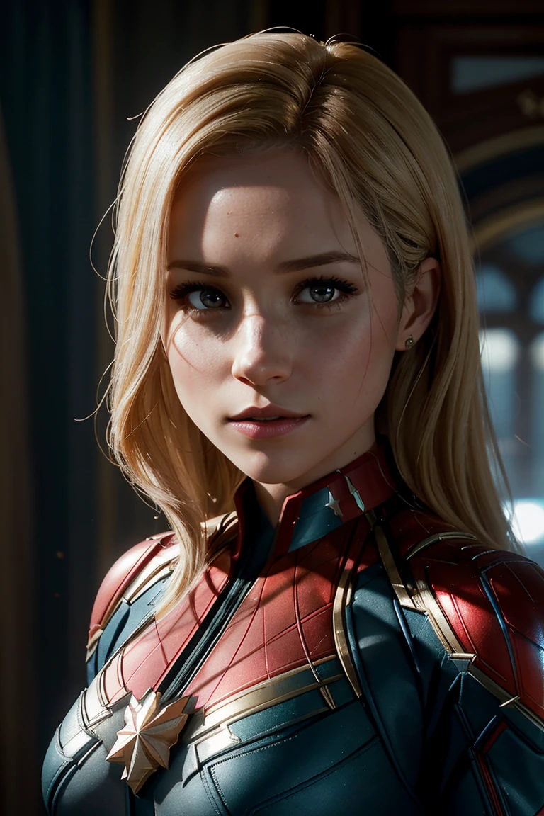 Meghan Markle, wearing Captain Marvel costume sexy clothes transparent. professionally retouched, soft lighting, realistic, smooth face, perfect eyes, sharp focus on eyes, 8 k, high definition, insanely detailed, intricate, elegant. in a natural background.