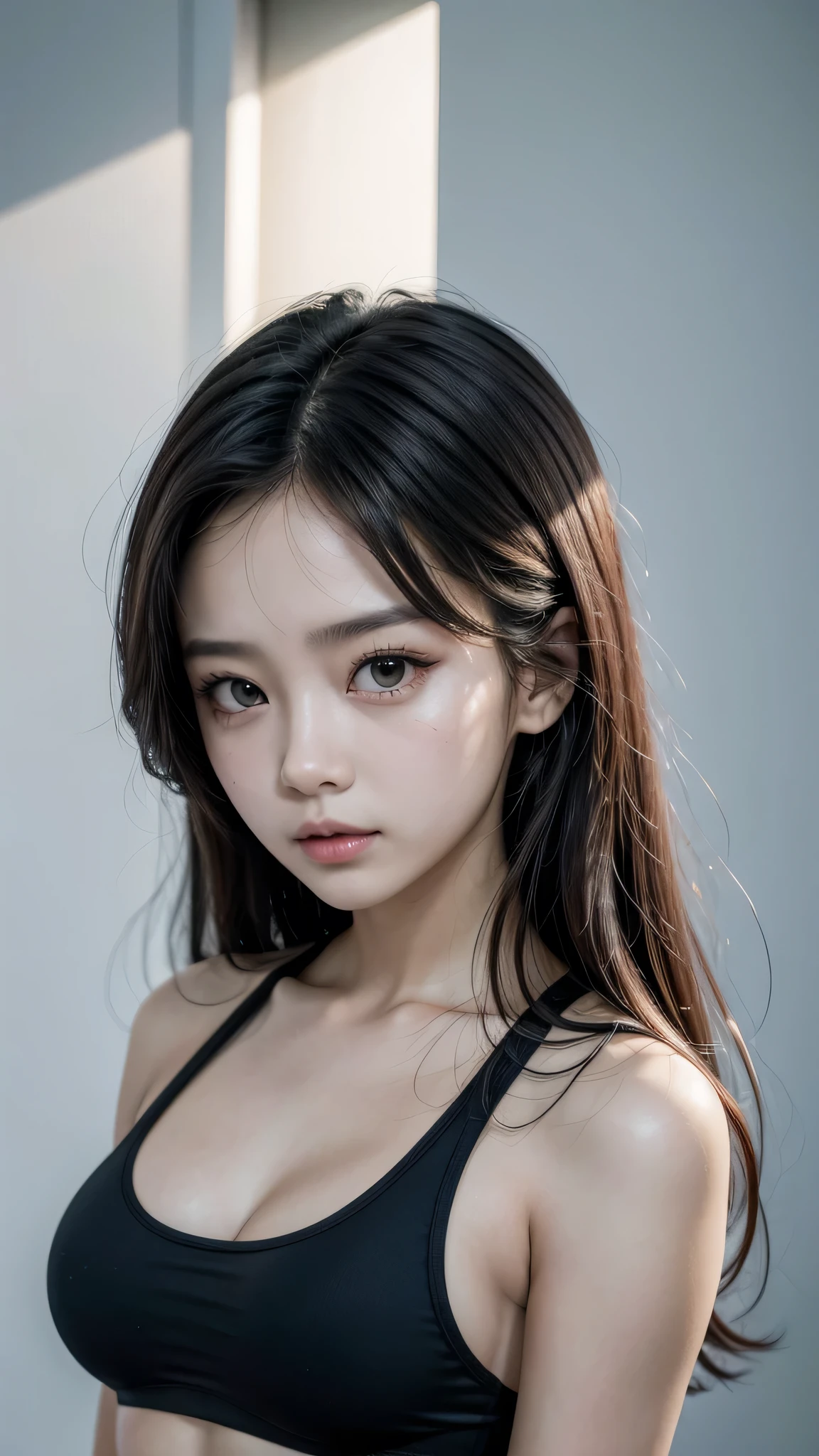 ((Top quality, masterpiece, 8K, best image quality, ultra-high resolution)),((Girl who looks like TWICE's Tzuyu)),(Korean beauty),(One girl),(Long narrow eyes, slanted eyes),(Black hair: 1.2, Long hair),(Small face: 1.2, Fair skin),(Slender, Big breasts: 1.3),(Sexy, lustrous, mature),(World's most beautiful face),(Sports bra: 1.1),(Large sunglasses),(Simple background)