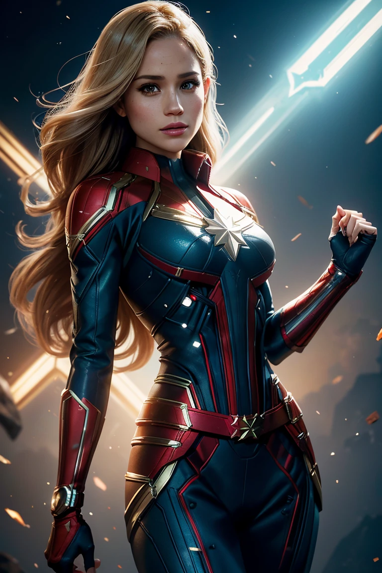 Meghan Markle, wearing Captain Marvel costume sexy clothes transparent. professionally retouched, soft lighting, realistic, smooth face, perfect eyes, sharp focus on eyes, 8 k, high definition, insanely detailed, intricate, elegant. in a natural background.