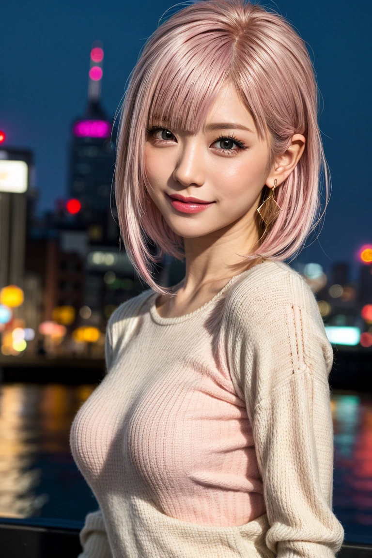 Highest quality, Tabletop, Ultra-high resolution, (Realistic:1.4), (Japanese Idols),RAW Photos, One Girl, night,Detailed skin,Futuristic blurred cityscape,,Blonde, (Pink inner hair:1.3),Glossy Lips,smile,(Model pose:1.2),21 years old,Beautiful and beautiful eyes,Diamond jewellery,Earrings,Gold Jewelry,Cold Light,Tight black knitwear,,(Strengthened upper arms:1.2),A well-trained body,Pixie Hair