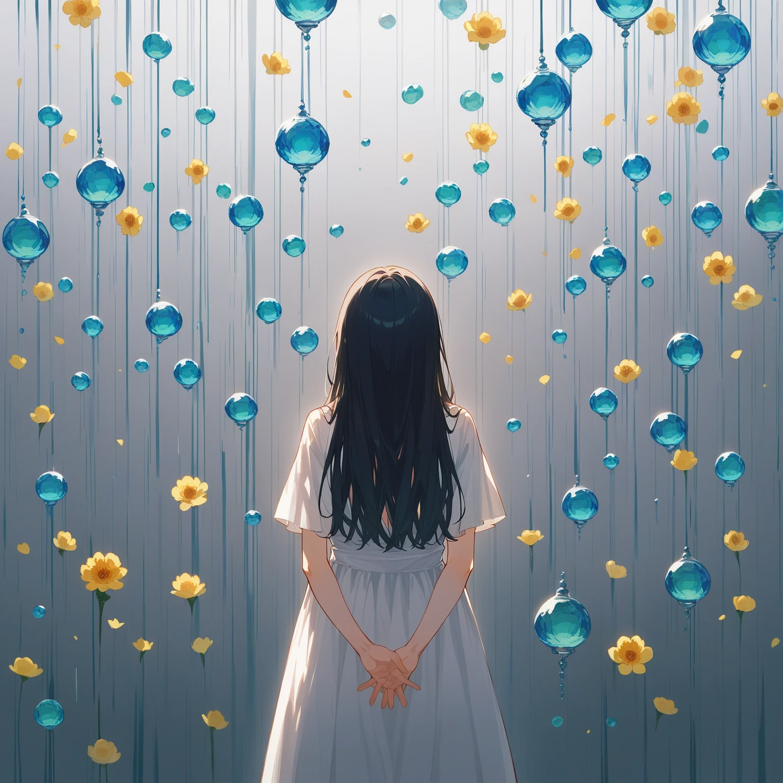 1girl, 独奏, yo, cute, pretty, beautiful, black long straight hair, arranged bangs, White dress, Flower pattern colorful glass wind chime, smiling, look up,Backlight、Back view、Put your hands behind your back、masterpiece, best quality, super-fine illustration, official art, 8k,