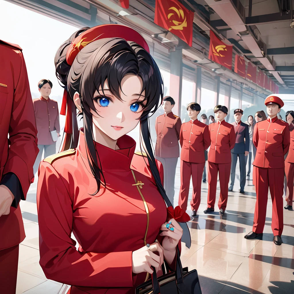 ((Highest quality)), ((masterpiece)), (detailed), （Perfect Face）、The woman is a Chinese Lacus Clyne with blue eyes and medium-long black hair. She is wearing an engagement ring. She has become a member of the glorious Chinese Communist Party and has sworn absolute loyalty to the Chinese Communist Party. She is a righteous Communist Party member of China.、The woman is a member of the Chinese Communist Party and is wearing a khaki Mao suit.、For the sake of China, they dye their hair, hairstyle, clothes, and everything they wear belongs to the Chinese Communist Party, and their thoughts are also Chinese, becoming great Chinese in body and mind.、The woman became Lacus Clyne, a Chinese woman who was proud of and loved China.