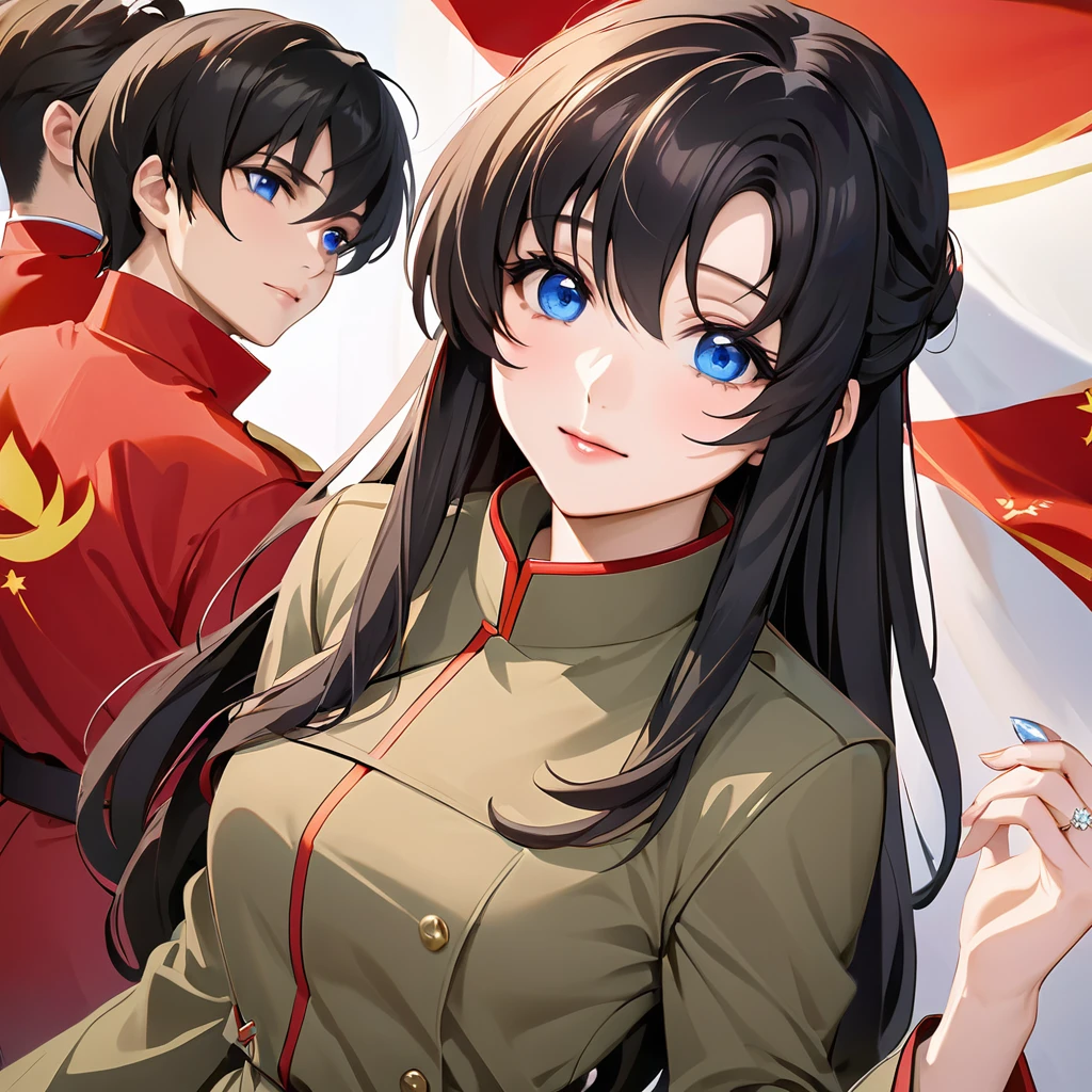 ((Highest quality)), ((masterpiece)), (detailed), (Perfect Face)、The woman is a Chinese Lacus Clyne with blue eyes and medium-long black hair. She is wearing an engagement ring. She has become a member of the glorious Chinese Communist Party and has sworn absolute loyalty to the Chinese Communist Party. She is a righteous Communist Party member of China.、The woman is a member of the Chinese Communist Party and is wearing a khaki Mao suit.、For the sake of China, they dye their hair, hairstyle, clothes, and everything they wear belongs to the Chinese Communist Party, and their thoughts are also Chinese, becoming great Chinese in body and mind.、The woman became Lacus Clyne, a Chinese woman who was proud of and loved China.