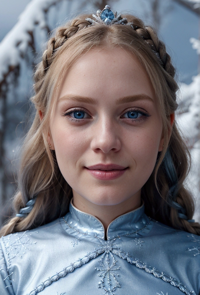 Create a photorealistic image of Anna, 25 years old, with blonde hair and blue eyes. She has big blue eyes, a straight nose, and full lips curved in a playful smile. Her hair is styled in a loose braid, adorned with snowflakes. She is wearing her iconic coronation dress, which is a rich blue with silver embroidery, and a crystal tiara. The background is a winter wonderland with snow-covered mountains