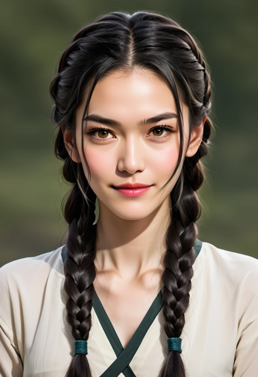  Christina Chong beautiful face, narrowed eyes. smirk. black braided hair,