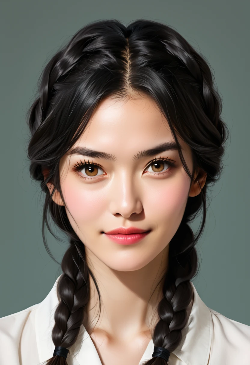  Christina Chong beautiful face, narrowed eyes. smirk. black braided hair,