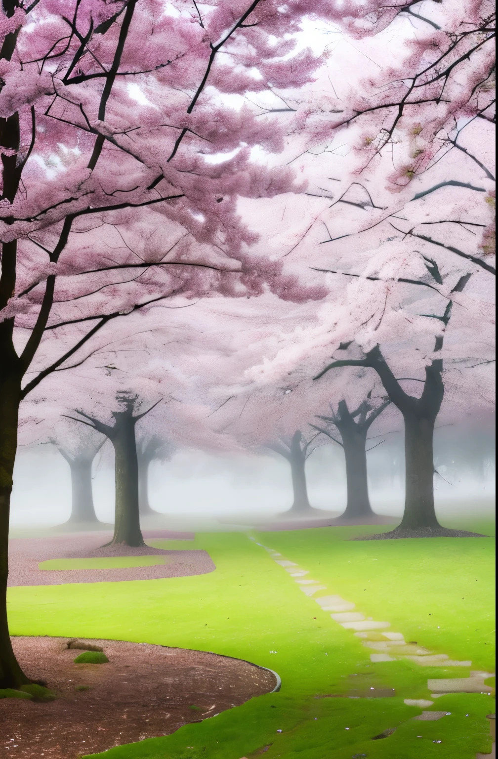 there is a tree with pink flowers in the foggy area, extremely beautiful and ethereal, spring early morning, misty garden, incredibly ethereal, cherry blossom forest, cherry blossom, cherry blossoms, flowers and trees, detailed trees in bloom, cherry blossom tree, cherry tree in the background, by Xie Shichen, by Cheng Jiasui, very ethereal, beautiful!!!!!!!!!