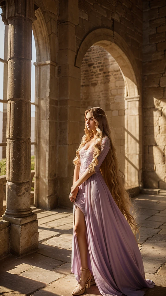 A woman with long, elongated golden hair that falls in curls to the ground, standing in a tall, ancient tower. She is wearing a long, elegant lilac dress with lace details. The soft sunlight illuminates her hair, creating an almost magical effect.