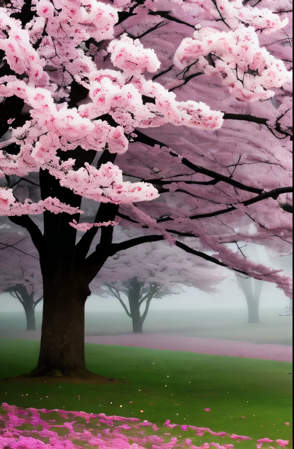 there is a tree with pink flowers in the foggy area, extremely beautiful and ethereal, spring early morning, misty garden, incredibly ethereal, cherry blossom forest, cherry blossom, cherry blossoms, flowers and trees, detailed trees in bloom, cherry blossom tree, cherry tree in the background, by Xie Shichen, by Cheng Jiasui, very ethereal, beautiful!!!!!!!!!