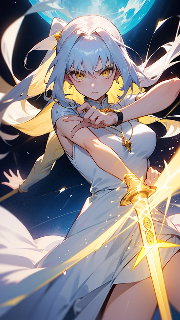 2D character. An 18-year-old female with white long hair and yellow eyes, wearing a plain white dress, holding a sword, emitting light power, and wearing a yellow diamond necklace. ufotable studio