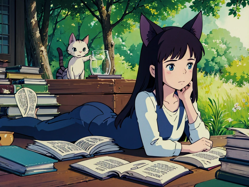 Cat-eared girl reading a book